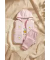 Kız Bebek Pembe Papatya Desenli 3lü Takım - Kapüşonlu Şişme Yelek, Sweatshirt ve Eşofman Altı Kombini