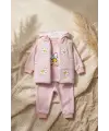 Kız Bebek Pembe Papatya Desenli 3lü Takım - Kapüşonlu Şişme Yelek, Sweatshirt ve Eşofman Altı Kombini