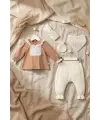 Kız Bebek Tarçın Dantel Yakalı Hastane Çıkışı ve Ekru Fitilli 5li Boho Set - %100 Yumuşak Pamuk