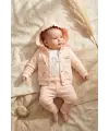 Bebek Pudra Pembesi Fırfırlı Sincap Nakışlı 3lü Takım - Pamuklu Kapüşonlu Hırka, Body ve Ribana Pantolon Seti 3-12 Ay