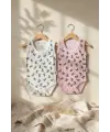 2li Bebek Kolsuz Body Seti - %100 Pamuklu Nefes Alan Pointelle Dokulu Tavşan Desenli Zıbın Takımı - Pembe & Beyaz