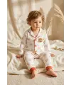 Milo Bear Bebek ve Çocuk Fitilli Pijama Takımı - Kırmızı Biyeli Ayıcık Baskılı Pamuklu Kaşkorse Takım