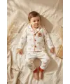 Milo Bear Bebek ve Çocuk Fitilli Pijama Takımı - Kırmızı Biyeli Ayıcık Baskılı Pamuklu Kaşkorse Takım