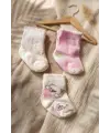 Pamuklu, Fırfırlı ve Ayıcık Nakışlı 3lü Kız Bebek Çorap Seti 0-6 Ay- Pudra Pembe & Beyaz