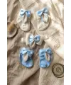 Lüks Bebek Hediye Seti - 2 Çift Kristal Taşlı Fiyonklu Bebek Çorabı ve Bandana Seti - Mavi & Beyaz Özel Seri