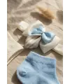 Lüks Bebek Hediye Seti - 2 Çift Kristal Taşlı Fiyonklu Bebek Çorabı ve Bandana Seti - Mavi & Beyaz Özel Seri