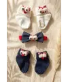 Bubbly Tots 3 Parça Bebek Aksesuar Seti - Lacivert ve Beyaz 3D Karakterli Pamuklu Bebek Çorabı ve Fiyonk Kombini