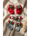 Merry Bells 3lü Yılbaşı Bebek Seti - Kırmızı ve Gri Fiyonklu Çıngıraklı Çorap & Fiyonk Kombini - Yenidoğan ve Bebek Hediye Seti