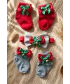 Merry Bells 3lü Yılbaşı Bebek Seti - Kırmızı ve Gri Fiyonklu Çıngıraklı Çorap & Fiyonk Kombini - Yenidoğan ve Bebek Hediye Seti