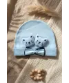 Teddy Charm Nakışlı ve Papyon Detaylı %100 Pamuklu Yumuşak Bebek Beresi - Mavi Melanj Şık Bebek Aksesuarı