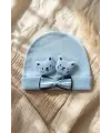 Teddy Charm Nakışlı ve Papyon Detaylı %100 Pamuklu Yumuşak Bebek Beresi - Mavi Melanj Şık Bebek Aksesuarı