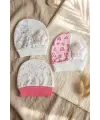 3lü % 100 Pamuklu Çiçek Aplikeli Kız Bebek Bere Şapka Seti- Kalp ve Çizgi Desenli Penye Bebek Şapkası 0-3 Ay
