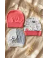 3lü % 100 Pamuklu Çiçek Aplikeli Kız Bebek Bere Şapka Seti- Kalp ve Çizgi Desenli Penye Bebek Şapkası 0-3 Ay