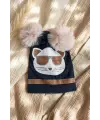 Mia Cool Cat Siyah Sim Detaylı Çift Peluş 0-6 Ay Ponponlu Bebek ve Çocuk Beresi - Yumuşak Pamuklu Mevsimlik Şapka