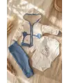 Bebek Teddy Bear Kapüşonlu Kapitone Ceket, Pamuklu Body ve Ribanalı Alt Eşofman 3lü Kombin Set - Ekru/Mavi