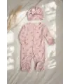 Fiyon Detaylı Boneli Kız Bebek Tulumu. Ayaklı % 100 Pamuklu 0-3 Ay