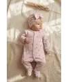 Fiyon Detaylı Boneli Kız Bebek Tulumu. Ayaklı % 100 Pamuklu 0-3 Ay