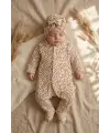 Leopar Detaylı Boneli Kız Bebek Tulumu. Ayaklı % 100 Pamuklu 0-3 Ay