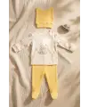 Nova Pamuklu 3’lü Bebek Takımı - 0-3 Ay Sarı Fitilli Legging, Uzay Temalı Kruvaze Üst Alt ve Bere Seti