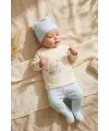 Nova Pamuklu 3’lü Bebek Takımı - 0-3 Ay Mavi Fitilli Legging, Uzay Temalı Kruvaze Üst Alt ve Bere Seti