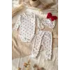 Amore Kalp %100 Pamuklu Ribana Kumaş Kalp Desenli 3lü Bebek Takımı - Zıbın, Pantolon ve Fiyonklu Bere Seti