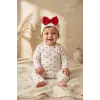 Amore Kalp %100 Pamuklu Ribana Kumaş Kalp Desenli 3lü Bebek Takımı - Zıbın, Pantolon ve Fiyonklu Bere Seti