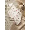 Amore Kalp %100 Pamuklu Ribana Kumaş Kalp Desenli 3lü Bebek Takımı - Zıbın, Pantolon ve Fiyonklu Bere Seti