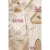 %100 Pamuklu Mia Love Kalp Desenli Fiyonk Detaylı 3lü Bebek Takımı - Ekru/Gül Kurusu 3-9 Ay