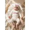 %100 Pamuklu Mia Love Kalp Desenli Fiyonk Detaylı 3lü Bebek Takımı - Ekru/Gül Kurusu 3-9 Ay