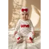%100 Pamuklu Mia Love Kalp Desenli Fiyonk Detaylı 3lü Bebek Takımı - Kırmızı/Beyaz Kurusu 3-9 Ay