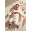 %100 Pamuklu Mia Love Kalp Desenli Fiyonk Detaylı 3lü Bebek Takımı - Kırmızı/Beyaz Kurusu 3-9 Ay