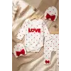 %100 Pamuklu Mia Love Kalp Desenli Fiyonk Detaylı 3lü Bebek Takımı - Kırmızı/Beyaz Kurusu 3-9 Ay