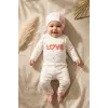 %100 Pamuklu Mia Love Kalp Desenli Fiyonk Detaylı 3lü Bebek Takımı - Somon /Beyaz Kurusu 3-9 Ay