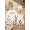 %100 Pamuklu Mia Love Kalp Desenli Fiyonk Detaylı 3lü Bebek Takımı - Somon /Beyaz Kurusu 3-9 Ay