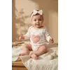 Aria Love Kız Bebek 3’lü Takım - %100 Pamuklu Kalp Desenli Zıbın, Alt ve Bandana Seti - Pudra 3-9 Ay