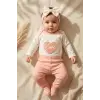 Aria Love Kız Bebek 3’lü Takım - %100 Pamuklu Kalp Desenli Zıbın, Alt ve Bandana Seti - Pudra 3-9 Ay