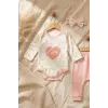 Aria Love Kız Bebek 3’lü Takım - %100 Pamuklu Kalp Desenli Zıbın, Alt ve Bandana Seti - Pudra 3-9 Ay