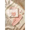 Aria Love Kız Bebek 3’lü Takım - %100 Pamuklu Kalp Desenli Zıbın, Alt ve Bandana Seti - Pudra 3-9 Ay