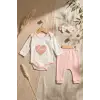 Aria Love Kız Bebek 3’lü Takım - %100 Pamuklu Kalp Desenli Zıbın, Alt ve Bandana Seti - Pudra 3-9 Ay