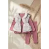 Mia Kız Bebek Pembe Çiçekli Şişme Yelekli Üçlü Kombin Takım - Pamuklu Tavşan Baskılı Tunik ve Fitilli Tayt Seti