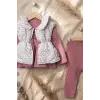 Mia Kız Bebek Pembe Çiçekli Şişme Yelekli Üçlü Kombin Takım - Pamuklu Tavşan Baskılı Tunik ve Fitilli Tayt Seti