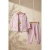 Kız Bebek Pembe Papatya Desenli 3lü Takım - Kapüşonlu Şişme Yelek, Sweatshirt ve Eşofman Altı Kombini