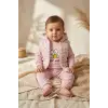 Kız Bebek Pembe Papatya Desenli 3lü Takım - Kapüşonlu Şişme Yelek, Sweatshirt ve Eşofman Altı Kombini