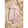 Kız Bebek Pembe Papatya Desenli 3lü Takım - Kapüşonlu Şişme Yelek, Sweatshirt ve Eşofman Altı Kombini