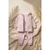 Kız Bebek Pembe Papatya Desenli 3lü Takım - Kapüşonlu Şişme Yelek, Sweatshirt ve Eşofman Altı Kombini
