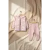 Kız Bebek Somon Papatya Desenli 3lü Takım - Kapüşonlu Şişme Yelek, Sweatshirt ve Eşofman Altı Kombini