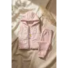Kız Bebek Somon Papatya Desenli 3lü Takım - Kapüşonlu Şişme Yelek, Sweatshirt ve Eşofman Altı Kombini
