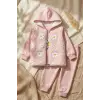 Kız Bebek Somon Papatya Desenli 3lü Takım - Kapüşonlu Şişme Yelek, Sweatshirt ve Eşofman Altı Kombini
