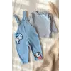 Sevimli Köpek Figürlü Açık Mavi Denim Salopet ve Çizgili Body 2li Bebek Salopet - %100 Pamuklu Yumuşak Doku