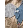 Sevimli Köpek Figürlü Açık Mavi Denim Salopet ve Çizgili Body 2li Bebek Salopet - %100 Pamuklu Yumuşak Doku